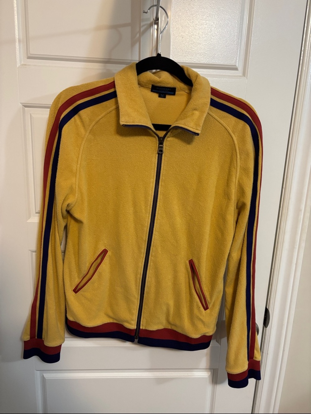 Burberry Blue Label Yellow Zip-Up Sweater with Red and Navy Stripe Trim
